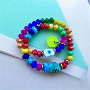Bracelet double tour Palm Rainbow Luck, perles arc-en-ciel, poisson chance, perle oeil pour la protection.