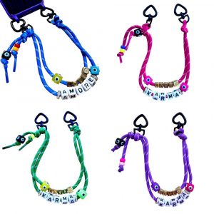 Love No Stress, Bijou lacet cordon de téléphone Love No Stress, 2 attaches, 4 couleurs, message karma, Love, Amore, Perles colorées oeil de protection.