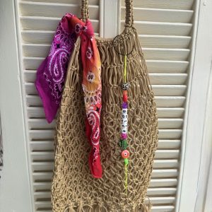 Sac et bijou de sac Dolce, bandanna Bag charms sac filet perles leopard, coeur, cactus oeil, message Dolce