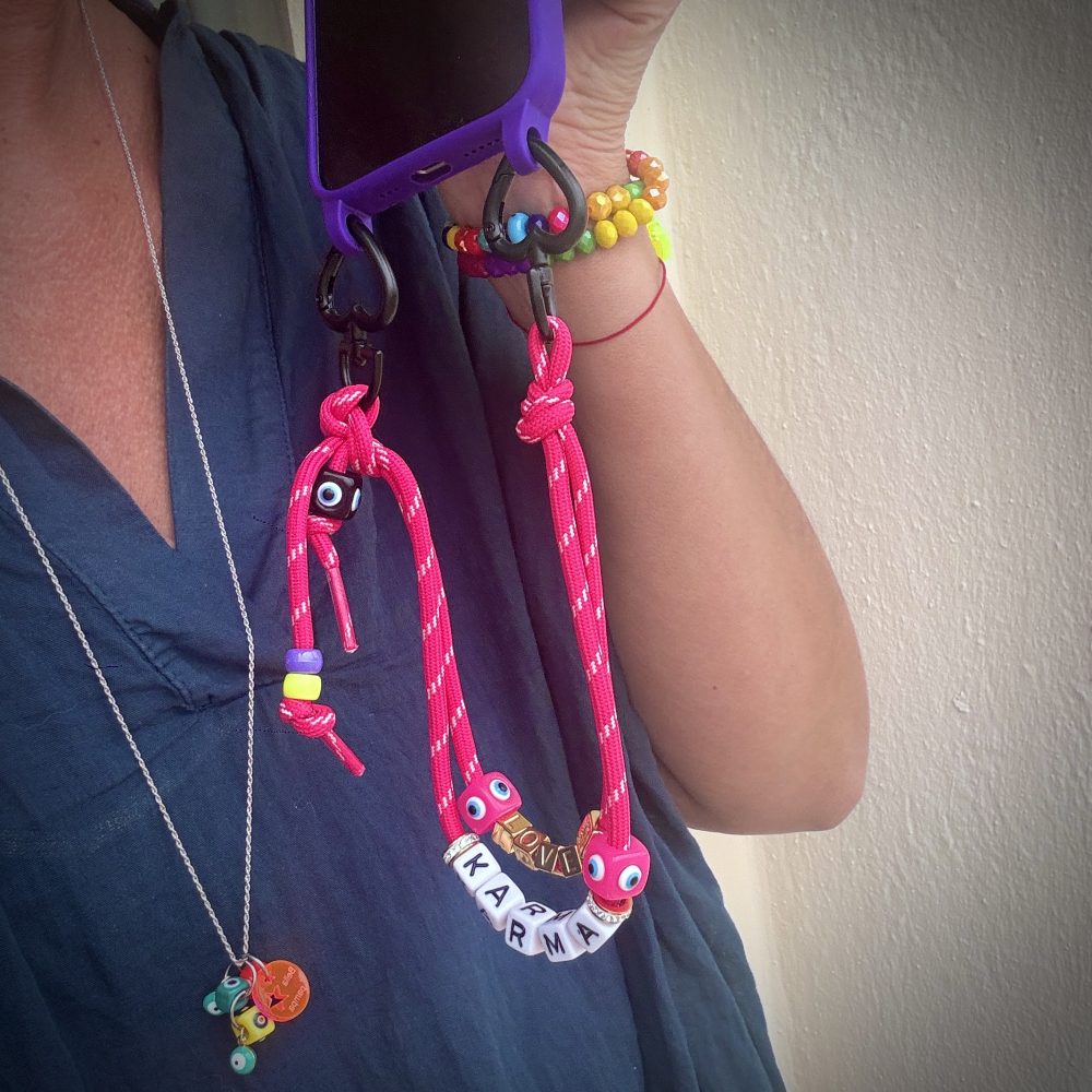 Love No Stress, Bijou lacet cordon de téléphone Love No Stress, 2 attaches, 4 couleurs, message karma, Love, Amore, Perles colorées oeil de protection.