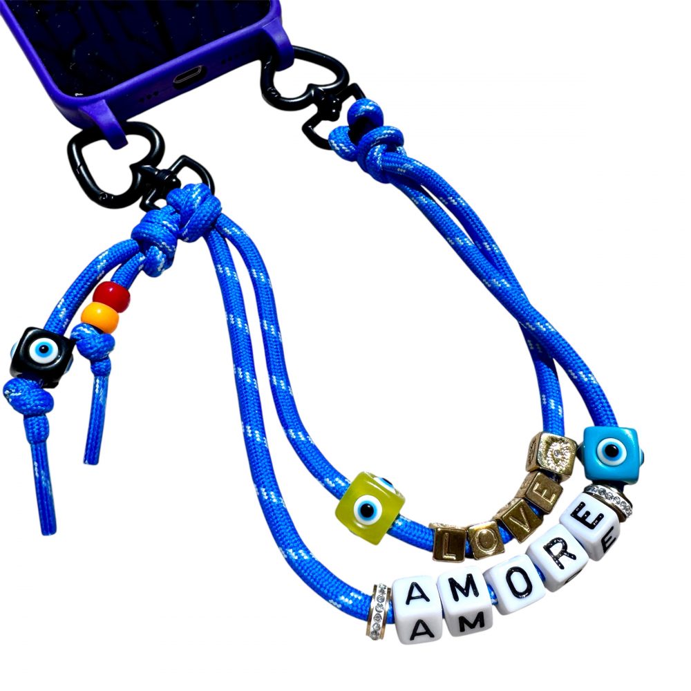 Love No Stress, Bijou lacet cordon de téléphone Love No Stress, 2 attaches, 4 couleurs, message karma, Love, Amore, Perles colorées oeil de protection.