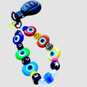Jules Porte-clés ou Bijou de téléphone protecteur, des yeux colorés, message Luck, perles léopard.