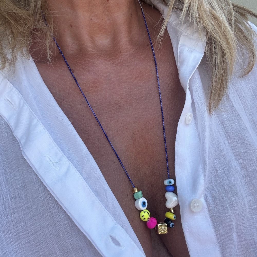 Collier Rudy, perles fun et colorées poisson, oeil arc-en-ciel, smiley, yin, étoile, coeur.
