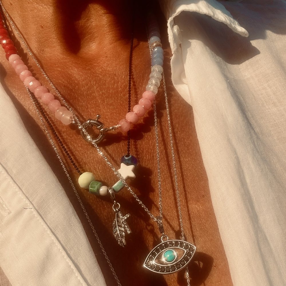Collier Sam perles en verre colorées multicolore, fermoir argent ou or