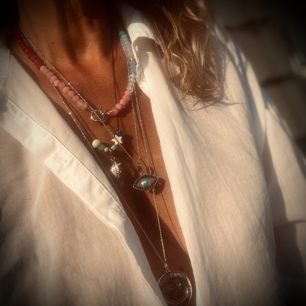 Collier Sam perles en verre colorées multicolore, fermoir argent ou or