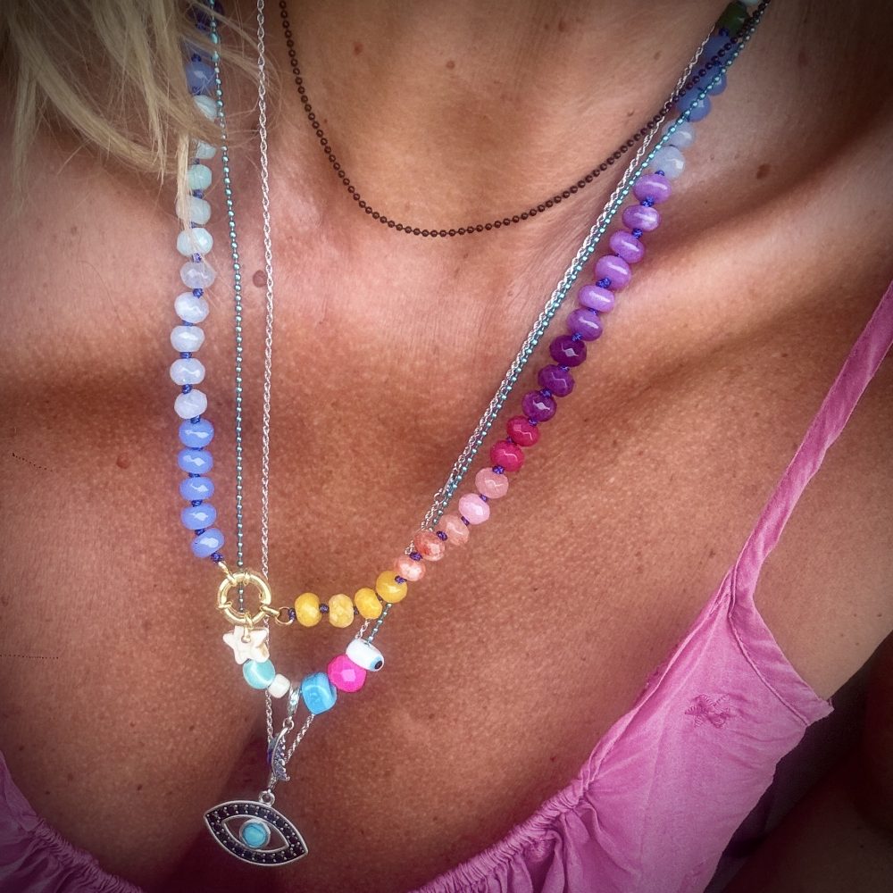 Collier Sam perles en verre colorées multicolore, fermoir argent ou or