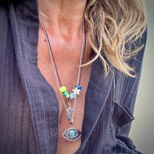 Collier et oeil en argent Rafael, oeil zircon noir, perle turquoise chaine sautoir argent 925