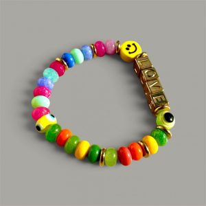 Bracelet 33 perles cubes Message Love, perles en verre multicolore, smiley, oeil protecteur.