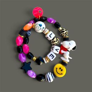 Bracelet Snoopy Bonnie Love double tour et élastique perles colorées et animaliers, message Love