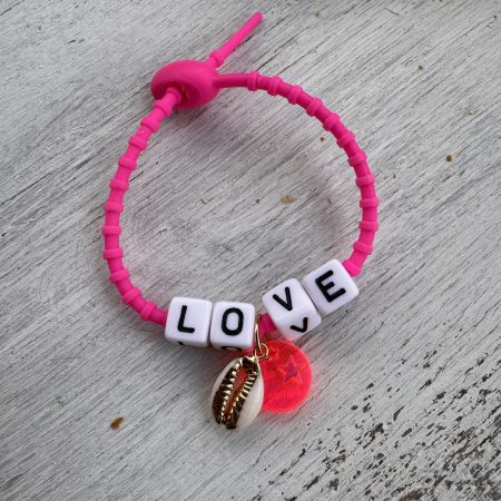 Bracelet Sandy cordon réglable en silicone, message, perles coquillage, oeil, ou smiley, creation Bella-pampa.